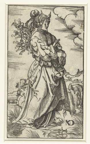 Wijze maagd met brandende olielamp in landschap