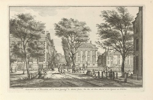 Gezigt in 's Haage, van de Korte Vyverberg, de Schutters Doelen, het Huis van Prins Maurits en het Logement van Rotterdam