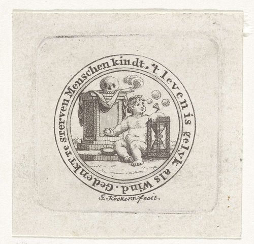 Vanitas met bellen blazend kind, schedel en zandloper