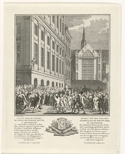 Gezigt van den Dam, het Stadhuis, en de Nieuwe Kerk te Amsterdam