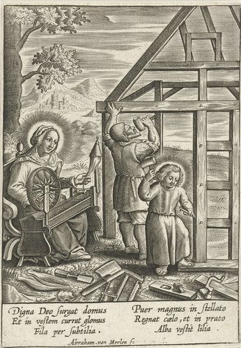 Christus helpt Jozef bij het bouwen van een huis