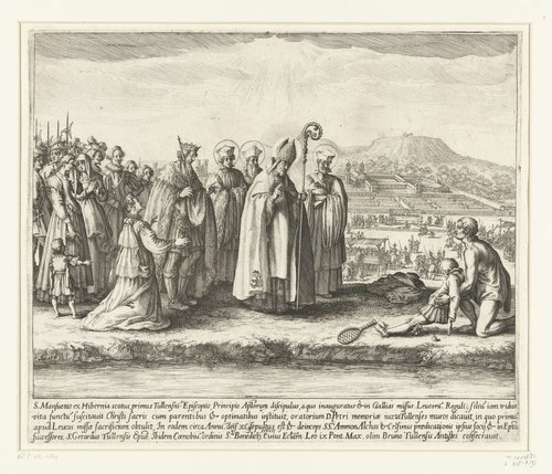 De Heilige Mansuetus wekt de zoon van koning Leucorus tot leven by Jacques Callot