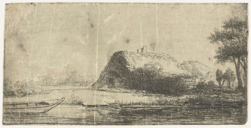 Kanaal met boerderij en een boot by anonymous