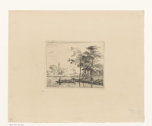 Landschap met visser en kasteelruïne
