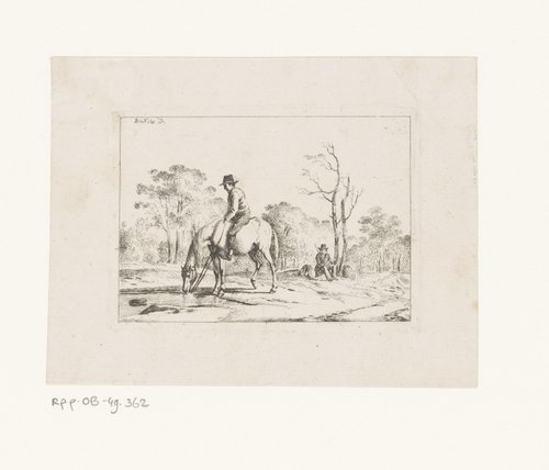 Landschap met ruiter op een drinkend paard