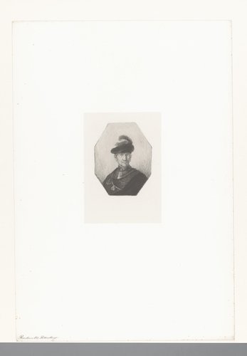 Portret van een man met borstplaat en veer in zijn muts