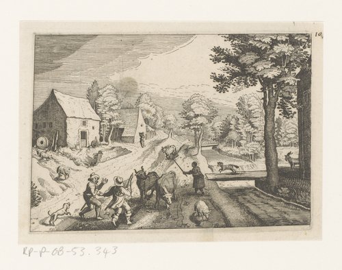 Dorpsgezicht met landweg bij beek met boeren en vee