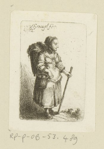 Vrouw met rugbepakking, mand en stok