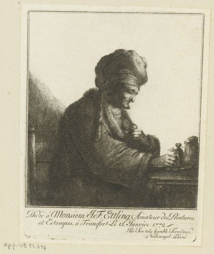 Man met tulband en bril in de hand aan tafel waarop munten en buidels by Johann Andreas Benjamin Nothnagel