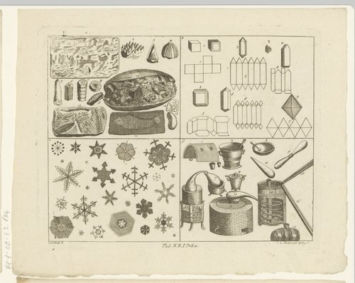 Encyclopedische voorstelling van fossielen, geometrie, ijskristallen en ovens