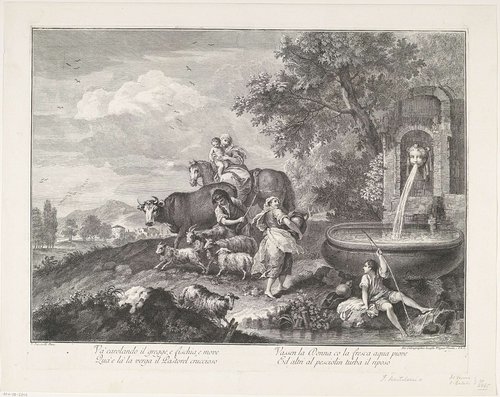 Landschap met herdersfamilie bij waterbassin by Francesco Bartolozzi