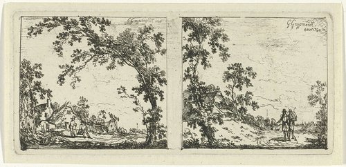 Twee landschappen met wandelaars