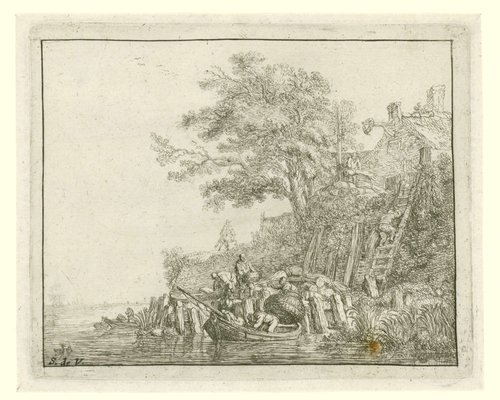 Mannen laden graanschoven in een boot