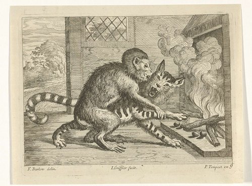 Aap en kat bij een haard