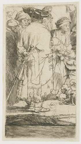 The Hundred Guilder Print: the man seen on the back in the lower left corner by Rembrandt van Rijn