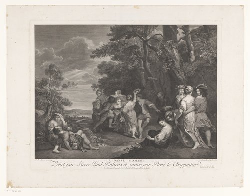Dansende en feestende figuren in een landschap