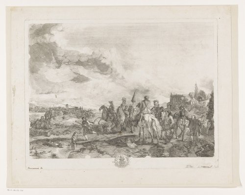 Rustend jachtgezelschap in een landschap