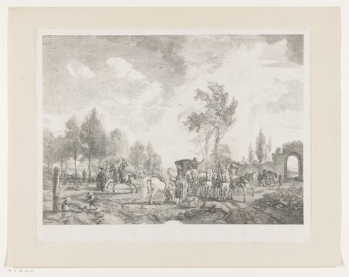 Ruiters en een koets met zes paarden in een landschap