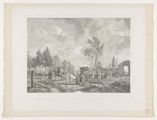 Ruiters en een koets met zes paarden in een landschap