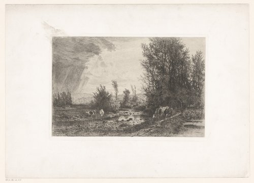 Landschap met koeien langs beek