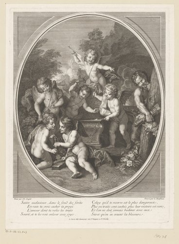 Putti smeden pijlen terwijl een sater hen bespiedt