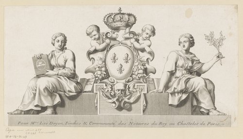 Wapen van de notarissen van het Châtelet in Parijs met personificaties van het Goede Geloof en de Wet