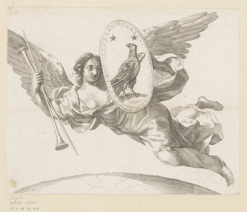 Vrouwelijke figuur met vleugels en wapenschild