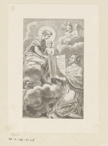 Armand-Jean du Plessis hertog van Richelieu presenteert een boek aan Maria met Kind