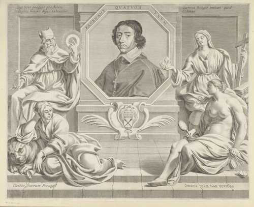 Portret van een man met een hogepriester en personificaties van Geloof, Waarheid en Waakzaamheid by Claude Mellan