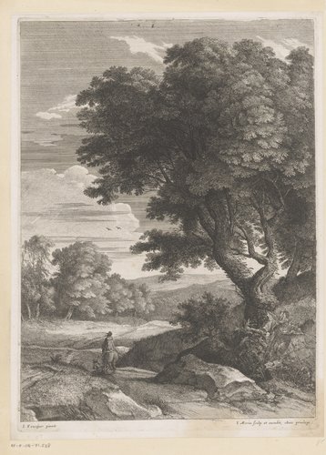 Landschap met ruiter voorafgegaan door een man met stok bij een boom