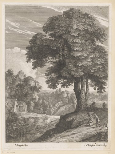 Landschap met figuren langs een pad bij een boom