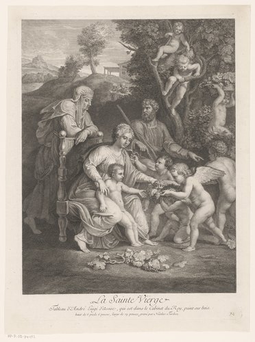 Landschap met de Heilige familie en engelen die hen druiven aanbieden