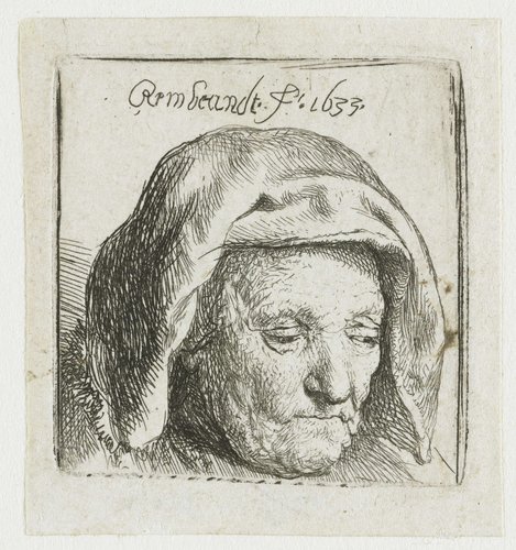 Rembrandt's moeder met een hoofddoek, blik naar beneden gericht: alleen de kop by Rembrandt van Rijn