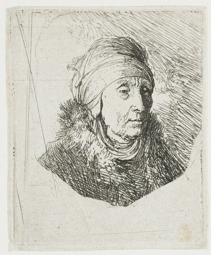 Vrouw met hoofddeksel en bontkraag: buste by Rembrandt van Rijn