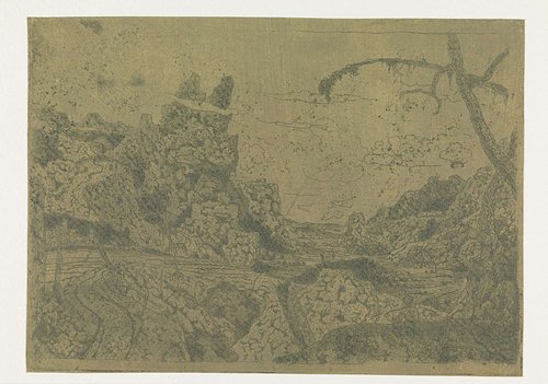 Mountain Valley, at the Right a Man Carrying a Stick