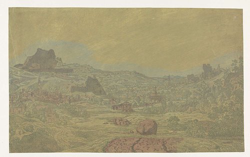 Vallei met rivier en een stad met vier torens