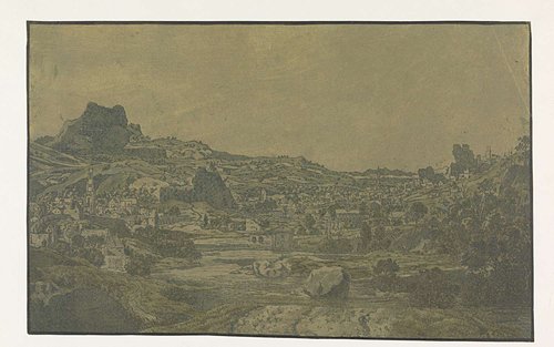 Vallei met rivier en een stad met vier torens