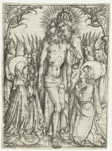 Aanbidding van de Heilige Drieëenheid door Maria, Johannes de Evangelist en engelen