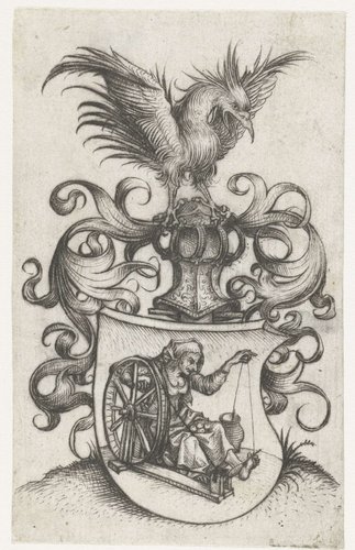 Wapenschild met oude twijnende vrouw