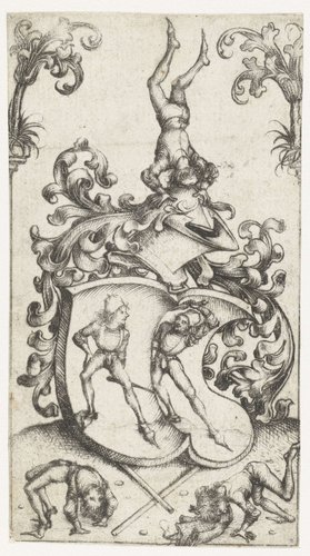 Wapenschild met acrobaten en zwaardvechters