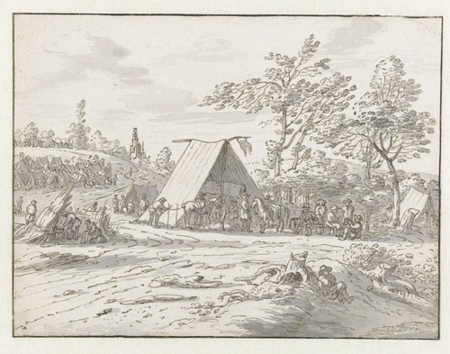 Gezicht op een kampement van het leger van Willem III bij Halle, Vlaams-Brabant