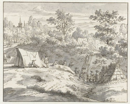 Gezicht op een kampement van het leger van Willem III bij Limal