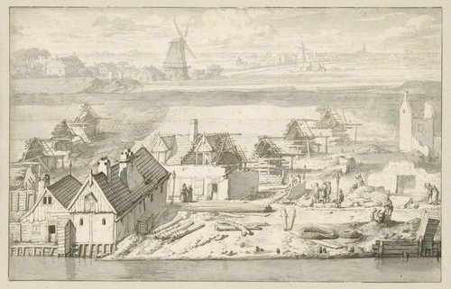 Ruïnes van de drie uitgebrande lijnbanen op de schans aan de Smallepadsgracht, 1680