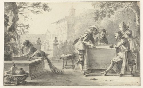 Triktrakspelers in de tuin van een kasteel