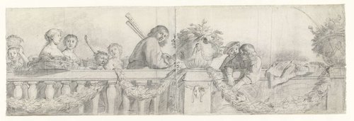 Personen op een balustrade met festoenen