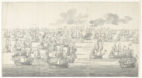 De Slag bij Solebay, 7 juni 1672, even na twee uur in de middag, gezien vanuit het noordwesten: linker deel