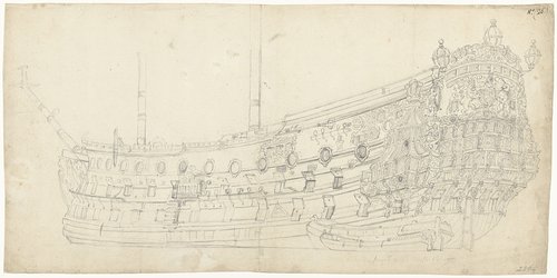 Portret van het Engelse first rate oorlogsschip Prince, gezien aan stuurboord, met een tweetal scheepsboten