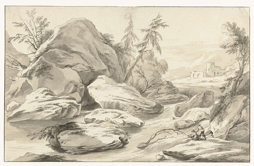Rotsachtig landschap met een tekenaar bij een rivier