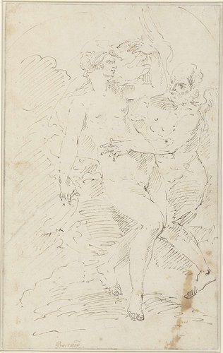 Gevleugelde grijsaard omvat naakte jonge vrouw