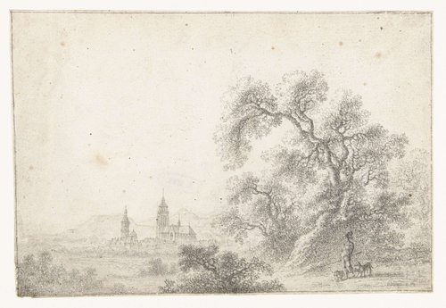 Landschap met jager en in de verte een stad